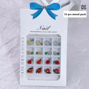 Mixed zircon fruit nail charms with lemon slices, red hearts, and watermelon shapes in 3D crystal designs