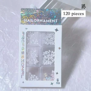 White iridescent floral nail decorations with subtle shimmer