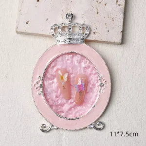 Light pink enamel nail tray with silver rhinestone crown accent