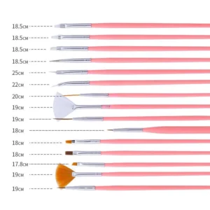 Measurement diagram of 15 pink nail brushes - labeled lengths