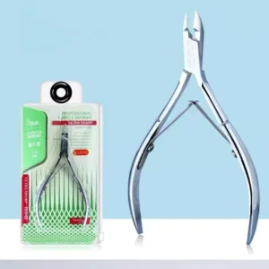 Chrome-finished stainless nail nipper with 16mm blade – dual view with packaging