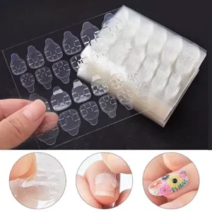 Clear jelly nail glue tabs for press-on nails shown on fingertip and sheet