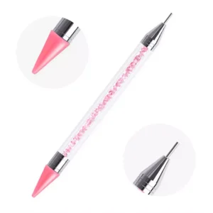 Pink dual-ended nail wax pen with focused views of each tip