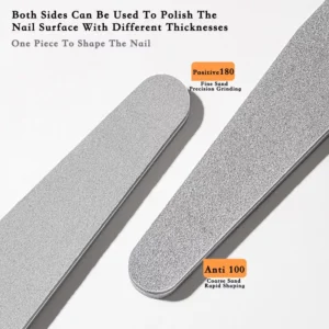 Close-up of 100/180 grit sponge nail file with labeled grit sides