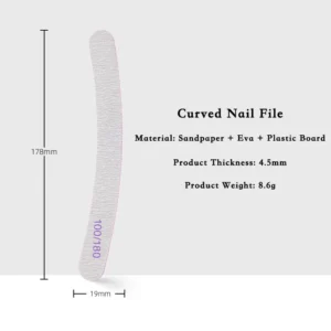 Grit 100/180 curved salon nail file with ergonomic profile