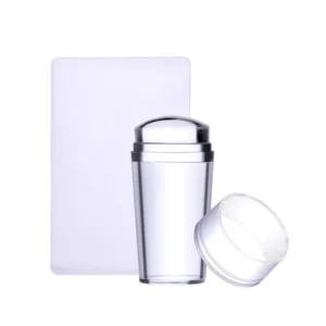 Nail stamping tool with scraper shown upright with clear cap removed