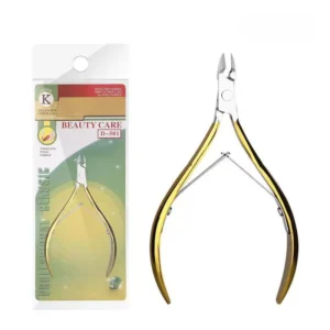 Stainless steel cuticle nipper in gold finish with retail packaging – front view
