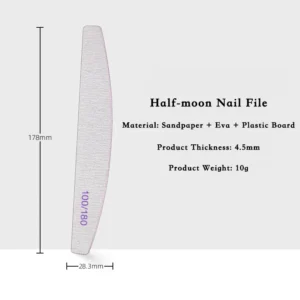 Half-moon shaped professional nail file with wide surface area