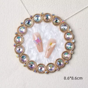 White nail display palette with faceted gem border and circular shape