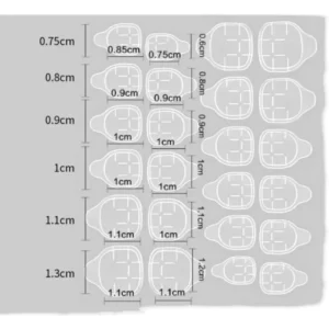 Size chart of clear nail adhesive tabs in multiple widths and shapes