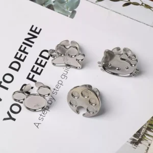 Silver metal nail palette rings in paw and cartoon shapes with glossy finish