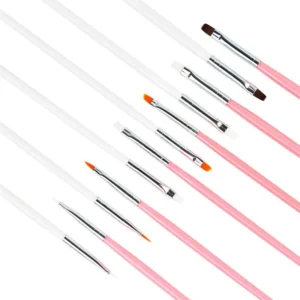 Alternating white and pink nail brushes – side angle close-up
