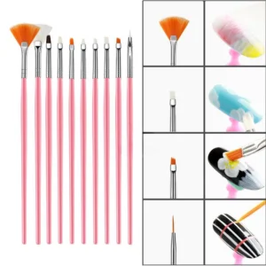 Pink nail brush set with usage examples – detail art in progress