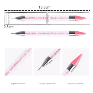 Pink rhinestone wax pen with measurements and detail view