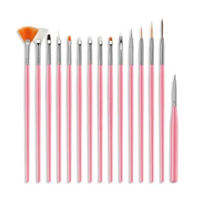Pink nail brush collection with striping, flat, fan brushes – full layout