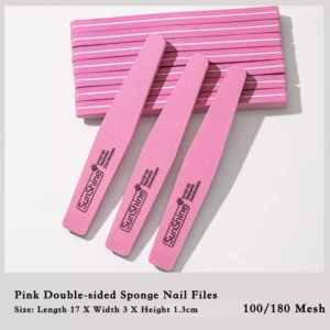 Three pink sponge nail files arranged in a set of salon tools
