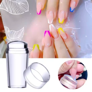 Colorful French tip nail art created using clear nail transfer tool