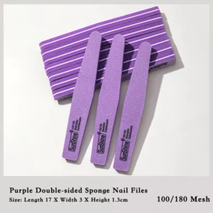 Lavender purple sponge nail files laid on striped pad
