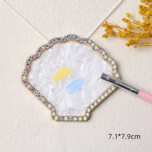 Vintage scallop nail palette tray with rainbow rhinestone rim and pearlized surface