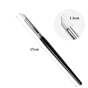 Curved silicone nail brush showing 17cm length and 1.5cm arc tip