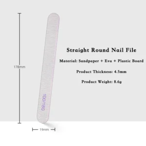Straight round nail file with 100/180 grit, dimension and material info