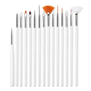 White 15-piece nail brush kit – upright view on plain background